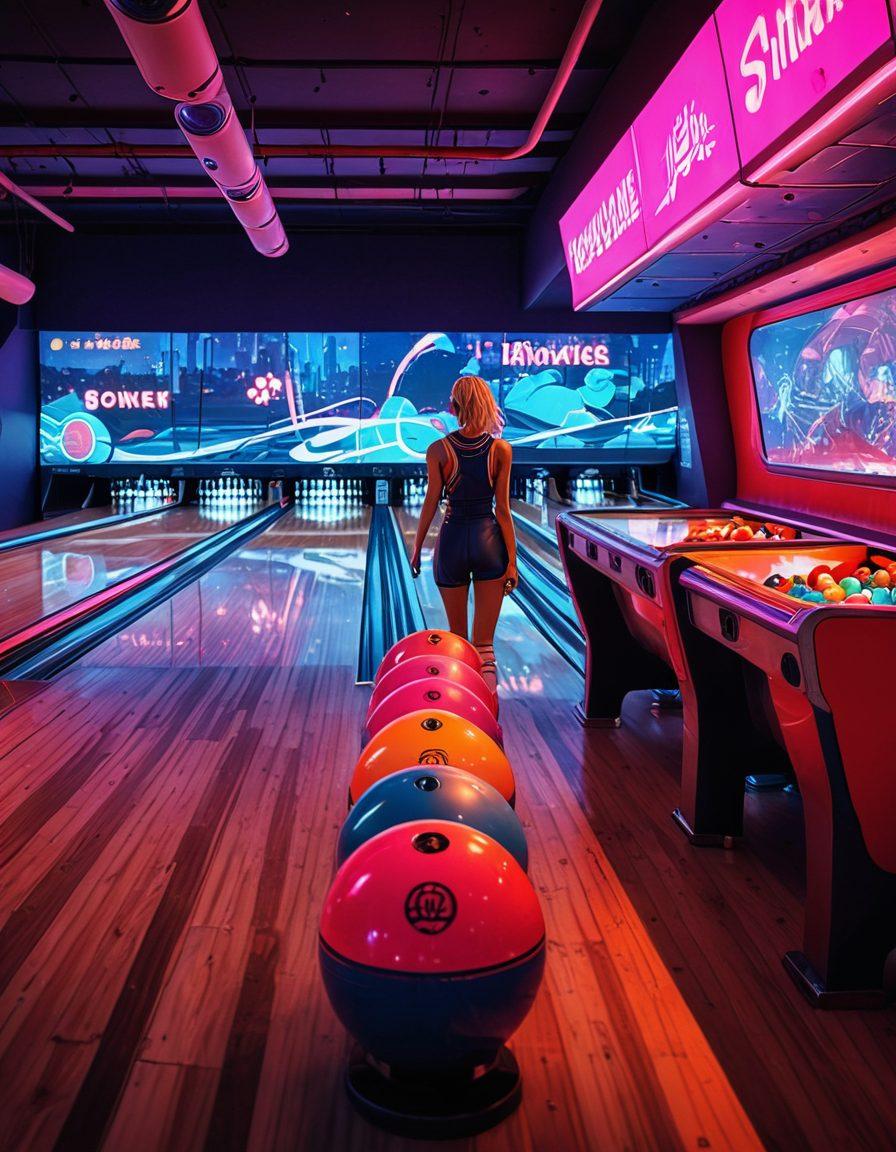 An imaginative fusion of bowling culture and whimsical hentai art, featuring a fantastical bowling alley illuminated by neon lights, with playful characters in vibrant and dynamic poses, incorporating elements like oversized bowling balls and striking bowling pins with a surreal twist. The scene includes splashes of color, exaggerated expressions, and a sense of motion that captures the intersection of sports and fantasy. super-realistic. vibrant colors. cyberpunk.