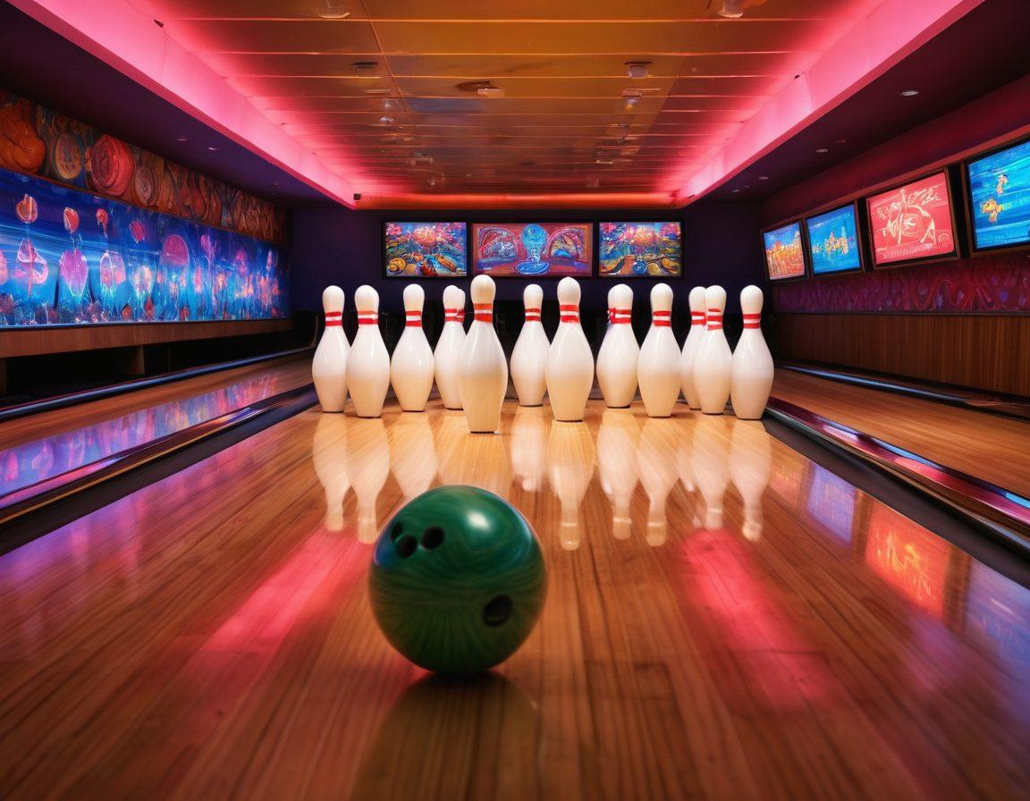 A whimsical bowling alley scene where bowling pins are anthropomorphized in playful and flirtatious ways, surrounded by colorful fantasy characters inspired by Hentai. Bright neon lights illuminate the atmosphere, creating a vibrant and imaginative setting. The bowling balls are adorned with intricate designs and playful motifs. Capture the essence of fun and allure in a surreal blend of fantasy and bowling. super-realistic. vibrant colors. dynamic composition.