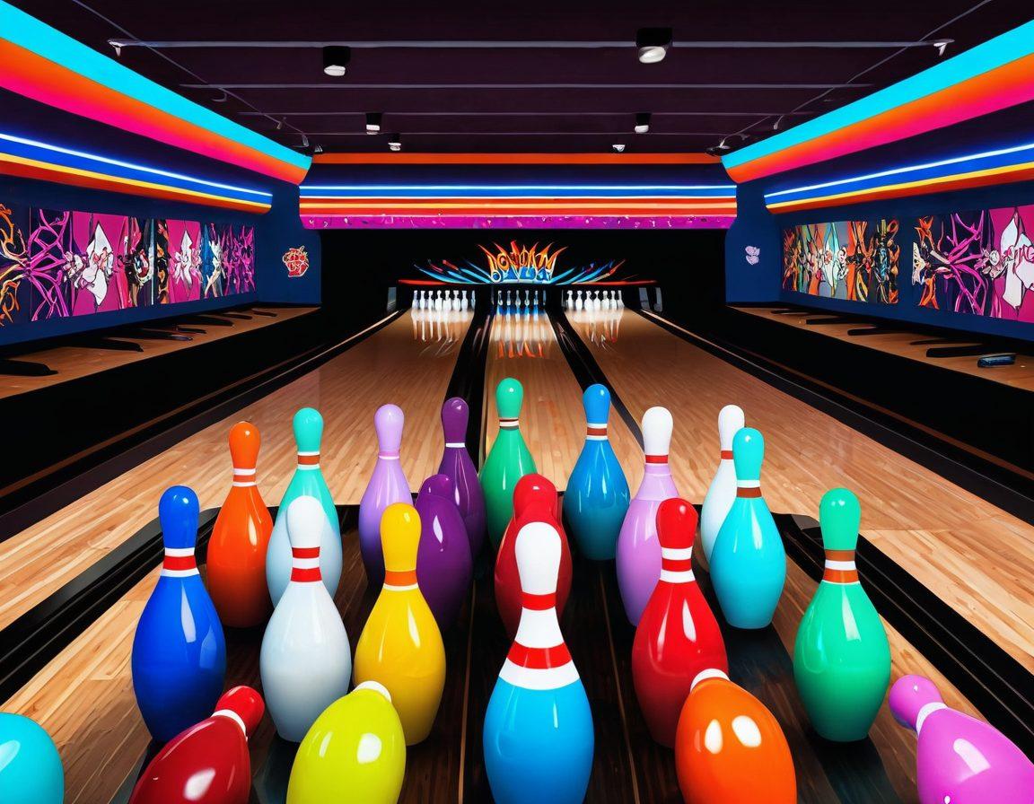A whimsical illustration of a bowling alley where giant, colorful bowling pins are shaped like popular hentai characters, surrounded by neon lights and playful cartoonish designs. In the background, there are bowling balls adorned with humorous hentai-inspired art, and bowlers having fun embracing this quirky fusion of sports and adult themes. The ambiance is lively, with a blend of cheeky elements and entertainment vibes. vibrant colors. cartoon style.